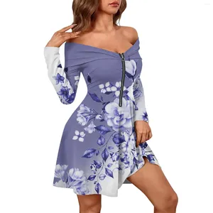 Casual Dresses Women's Fashion Long Sleeve Print Zipper Sexig off-shoulder Party Vestido de Gala Mujer Vestidos