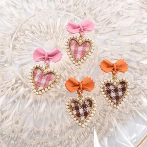 Dingle örhängen matchande utsökta hjärtformade pärlflickor rutiga smycken tillbehör koreansk stil kvinnor
