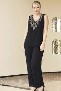 Black Tre pezzi Black Mother of the Bride Sumps Sumps V Neck Maniche lunghe Giacca abito per ospiti Chiffon Plus size Abiti da sera in rilievo