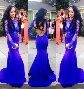 Royal Blue Lace Prom Kleider Schlanke Signalanpassungen Langarmes Abendkleider 2019 Sexy Rückenless Meerjungfrau formelle Party Promkleider billig 3581684