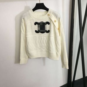 Triumphal Arch Wool Flocking Embroidered Button Decoration Shoulder Pullover Knitted Sweater Long Sleeved