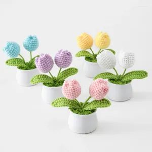 Decorative Flowers Tulip Crochet Flower Pot Cartoon Knitted Homemade Plants Desktop Ornament Living Room Decor Birthday Gifts