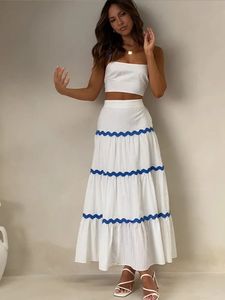 Wave Stripe Holiday Strap Dress Set 2024 Spring Crop Top Elegant Sleeveless 2 PCS Matching Set Long Kjol Aline Beach Suit 240402