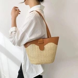 Totes Summer Straw Small Bucket Bag Trendy Handbag Leather Shoulder Large Capacity Shopping Hand Weaving Clutch Tote Purse