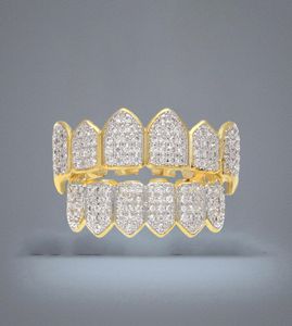 Hip Hop Micro Pave Cubic Zirkonzähne Grillz Kappen obere untere Männer Frauen Gold Silber Farbe Vampire Zähne Grill Set1955194