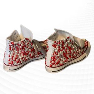 Casual Shoes Beige High Top Pearl Ribbon Accessories Custom Style Canvas Integrated Sports Women's 35-46