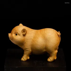 Dekorativa figurer 7cm boxwood Lucky Pig Statue Crafts Feng Shui Söt Zodiac Sculpture Small Animal Ornaments Gift Home Decor