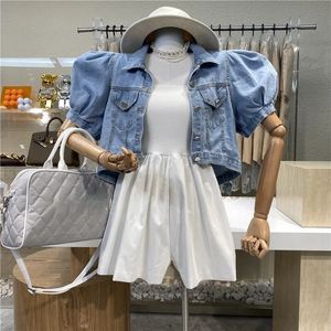 Women Short Denim Jacket Autumn Puff Sleeve Crop Top 240415