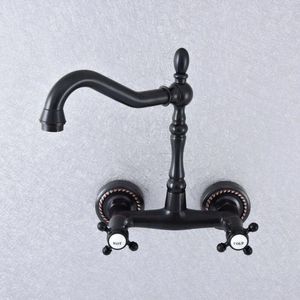 Bathroom Sink Faucets Black Oil Rubbed Bronze Kitchen Basin Faucet Mixer Tap Swivel Spout Wall Mounted Dual Cross Handles Lsf744