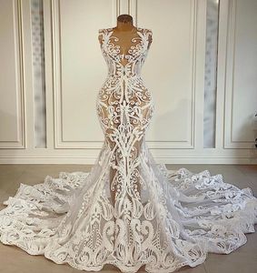 2021 Plus -storlek arabisk aso ebi vintage sexig spets bröllopsklänningar se genom sjöjungfru brudklänningar ren nackbröllopsklänningar zj2661150059