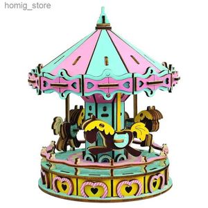 3D Puzzles Carrossel 3D Puzzle de madeira Diy Craft Model The Merry-Go-Round Educational Toys Gifts For Children Girls Y240415