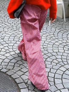 女性用パンツ女性Y2Kストライププリント長いハイエラスティックウエストカジュアルルーズフィットワイドレッグパジャマとポケット付き