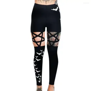 Yoga kläder kvinnor halloween punk gotiska leggings hål ut stjärna pentagramtryck byxor avslappnad svart hög elastisk midja svettbyxor
