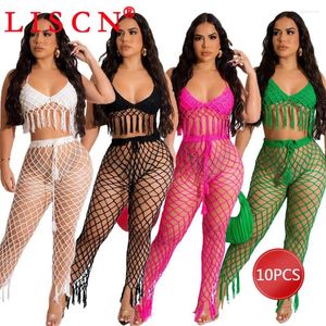 Moda de banho feminina 10 itens por atacado para boutique Sexy de duas peças Tassel praia malha biquíni cubra women bandagem halter k11310