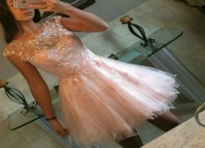 2018 Light Pink Short Homecoming Dresses Appliques Crystal Beaded Tulle Short Prom Dresses Lovely Party Dresses Zipper Up3538960