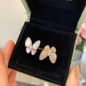 Designer Van White Beimu Full Diamond Open Butterfly Ring 925 Pure Silver Plated 18K Gold Live High Version MWNM