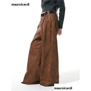 Men'S Pants Mens Mauroicardi Spring Autumn Long Loose Casual Brown Pu Leather Men Wide Leg Luxury Designer Uni Trousers Fashions Drop Dh1Yv