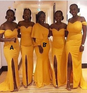 Шик Плюс размер желтые 2022 платья подружки невесты плюс размер с сексуальной щелью на одном плече от русалки Африканское свадебное платье с плечами для 3650288