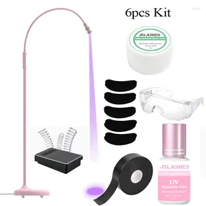 Falsche Wimpern 6pcs UV Lampe Klebstoff Set rosa LED -Härtung mit Fußschalter Remove -Transplantation Extension Tool Kit
