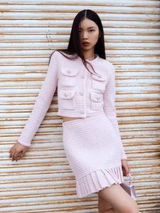 Women's Knits Ladies 2024 Early Spring Pink Temperament Crewneck Cardigan Coat/skirt Of The Same Style