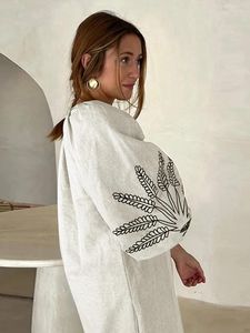 Casual Dresses Linen Print Embroidered Split Women V-Neck Long Lantern Sleeve Loose Female 2024 Spring Summer Lady Beach Robe