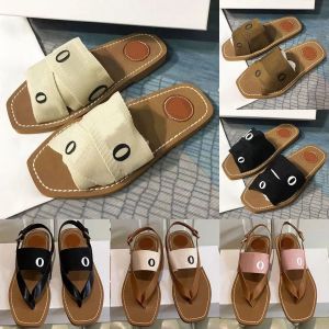 Summer Woody Flat Mules Women Sandals Slides Designer shoes Canvas Rubber Cross-woven Wood Sandals Designer Sandals Roman Fashion Lady shoes Outdoor room beach