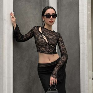 Instagram Style Women's 2024 Spring New Sexy Lace Perspective Round Neck Långärmad bröstband Slim Montering T-shirt Top