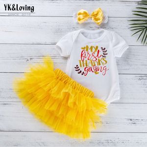 2024 NUOVO Ringraziamento per bambini Wear Girl Lettera di cartone animato Sweetheart Yellow Six Skirt Set