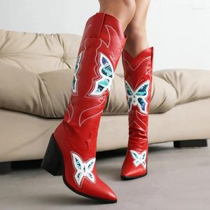 Stövlar ippeum western knä höga skor röd pekad tå mode broderare fjäril chunky klackar cowboy kvinnor