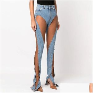 Kvinnors jeans kvinnor y2k mode denim hög midja spiral ihålig ut mesh cowboy perspektiv byxor sömmar slits streetwear 230810 dr dhunq