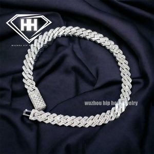 Luxury Fully Diamond Jewelry 15mm Width Cuban Link Solid Sterling 925 Silver Emerald Cut Moissanite Necklace