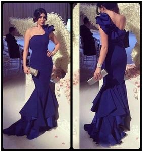 Navy Blue Satin Mermaid Long Evening Dresses New Arrived Simple Ruched One Shoulder Party Dress Robe de Soire Customize Prom Gown6716929