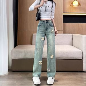Wide-legged jeans female 2024 early spring new high-waisted loose thin embroidery design straight drag pants