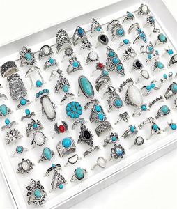 Anelli di banda 50 100pcss Lot Vintage Boho Blue Stone Turquoise for Women Whole Mix Styles Ethnic Finger Ring Set Jewelry Party Gifts 1419085