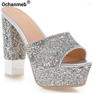 Pantofole Ochanmeb sexy tacchi super alti glitter Donne argento tallone grosso piattaforma spessa scarpe da bling con paillettes