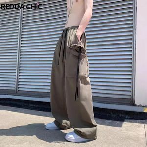 Men's Pants REDDACHIC Hiphop Men Drawstring Cargo Elastic Waist Big Pockets Skater Wide Leg Casual Trousers Harajuku Streetwear