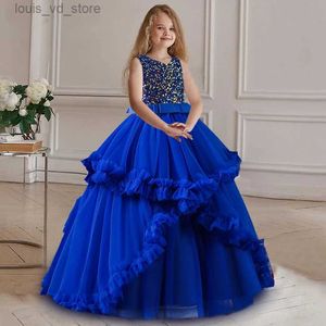 Kız Elbiseleri Kızlar Elbise 2024 Yeni Kız Sequin Prenses Elbise 5-14 yaşında Moda Yay Kabarık Elbise Banquet Düğün Çiçek Elbise T240415