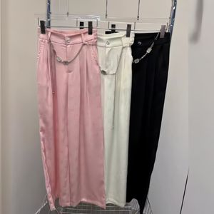 Designer Pants Women Mium fashionabla med löstagbar strass midje kedja m bokstav full tryck rak rör sommar draperi lyxiga golvlängd byxor