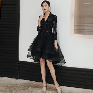 Party Dresses Clearance Prom Gown Black Embroidery High-Low Full Sleeves Knee-Length V-Neck Zipper Back Women Formal Dress A1615
