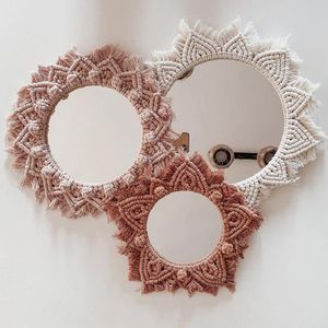 Wandteppiche Makrame dekorative Spiegel Boho Dekor Wand hängende handgefertigte Make -up -Spiegel Wandteppich für Schlafzimmer Wohnzimmer rund