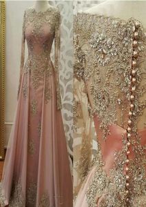 Nya rosa aftonklänningar för kvinnor bär juvelhals Långa ärmar Lace Applicques Crystal Bling Pärled Plus Size Prom Dresses Party G6683315