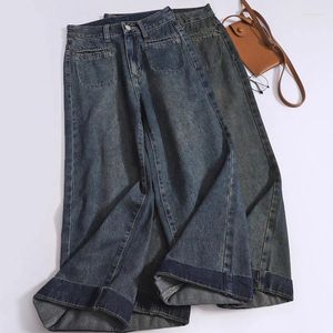 Women's Pants High-waisted Wide-leg Jeans Spring Fall Loose Straight Leg Roll-up Long Trousers