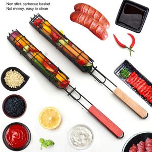 Tools Barbecue Kabob Grilling Baskets Lockable Iron Kebab Grill Grate With Wooden Handle For Vegetables Dog BBQ Tool