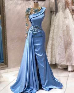 Arabic Dubai One Shoulder Mermaid Evening Dresses Side Slit Long Sleeve Sexy Sky Blue Prom Dress Lace Appliques Beaded 2024 Elegant Special Occasion Gown For Women