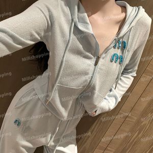 Brand Tracksuits Miu Yoga Outfits Letter Beaded Sport Cardigan Long Sleeve Hooded Sweatshirts Pants Set for Women