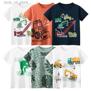 Clothing Sets 2024 Summer New Childrens Short Sleeved T-shirts Boys Clothing Cartoon Vehicles Excavators Cotton Tops Tee Shirts Kids Clothes T240415