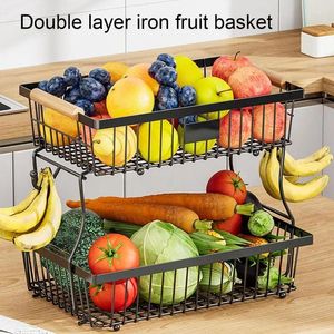 Küche Auflagerung Obst Gemüsekorb 2 TIER -Arbeitsplatten Organizer Schüssel für Früchte Standhalter mit Bananenbügeln