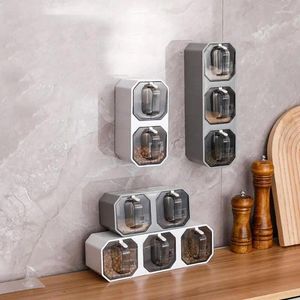 Kitchen Storage Wall Mounted Spice Rack Self Adhesive Multi Grid Seasoning Box With Spoon Space Saving For Sugar Salt Pepper