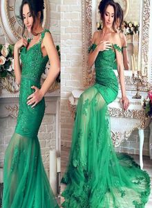 Spaghettigemmar halsringning sjöjungfru aftonklänningar med pärlor spetsapplikationer bälte grön se genom prom klänning vestidos de fiiest8631009