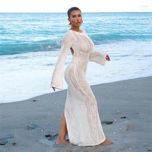 Women Backless Bandage Dress Long Sleeve See Through Sunscreen Solid Color Beach Cover-up Swimsuit Crochet Lace